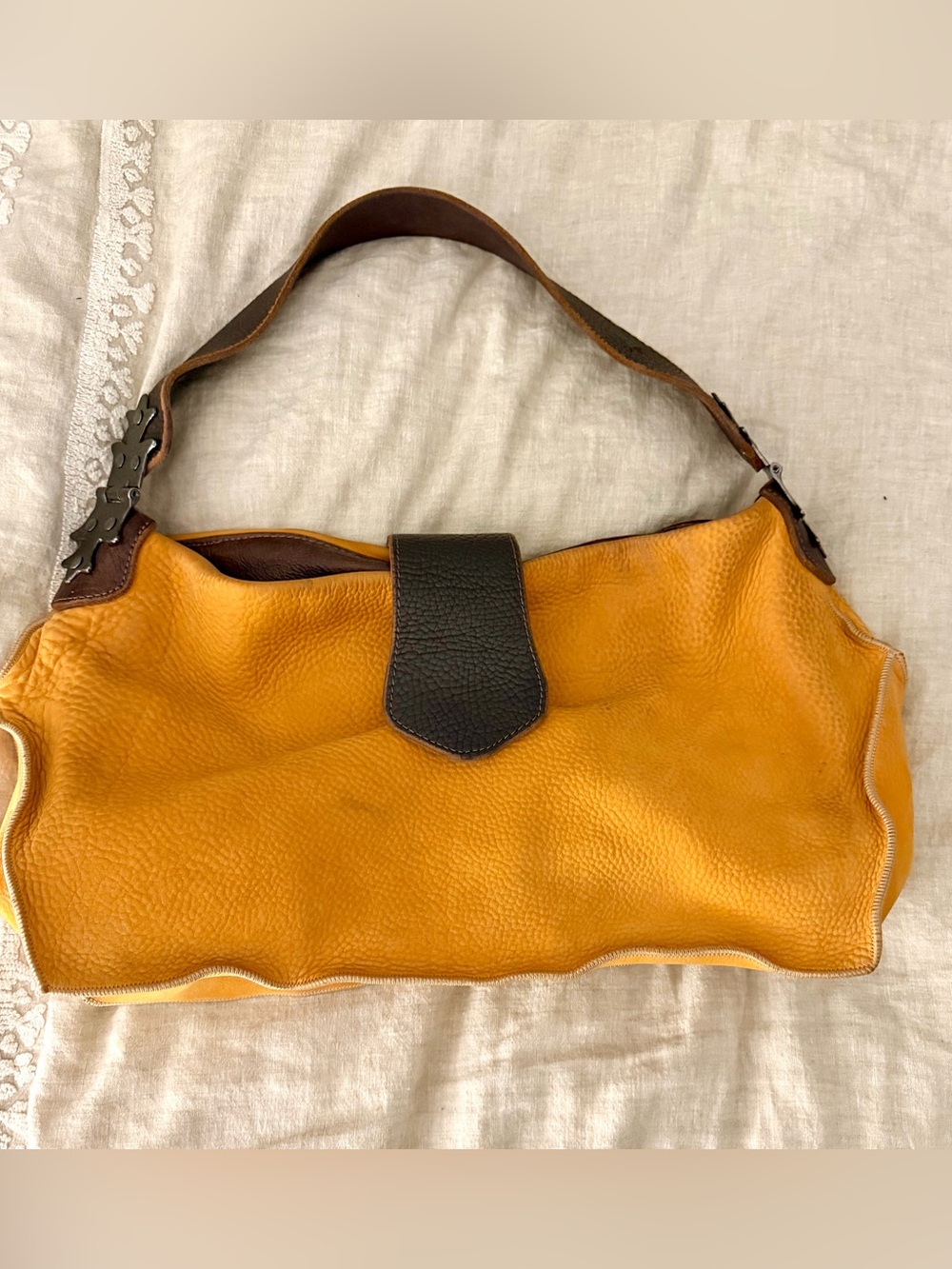 Leather Hobo Shoulder Bag in orange yellow pebbled leather and western accents